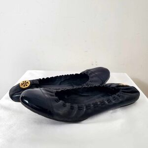 Tory Burch Women's Ballet Shoes Flats Navy Blue Leather Gold Logo Size 8US